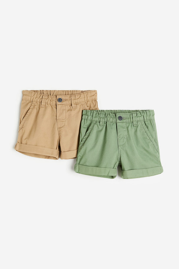 H&M 2-pack Cotton Shorts Beige/green