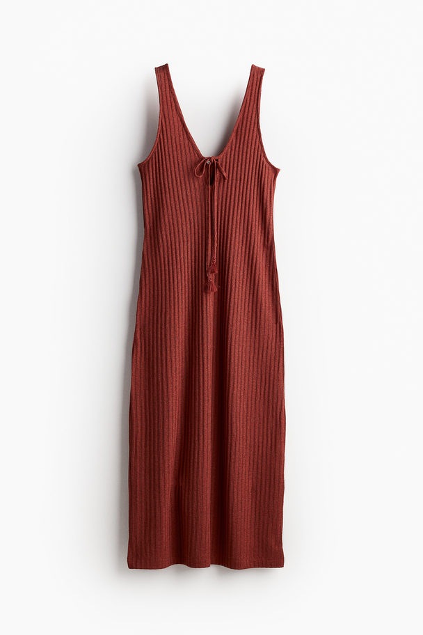 H&M Tie-detail Rib-knit Dress Rust Red