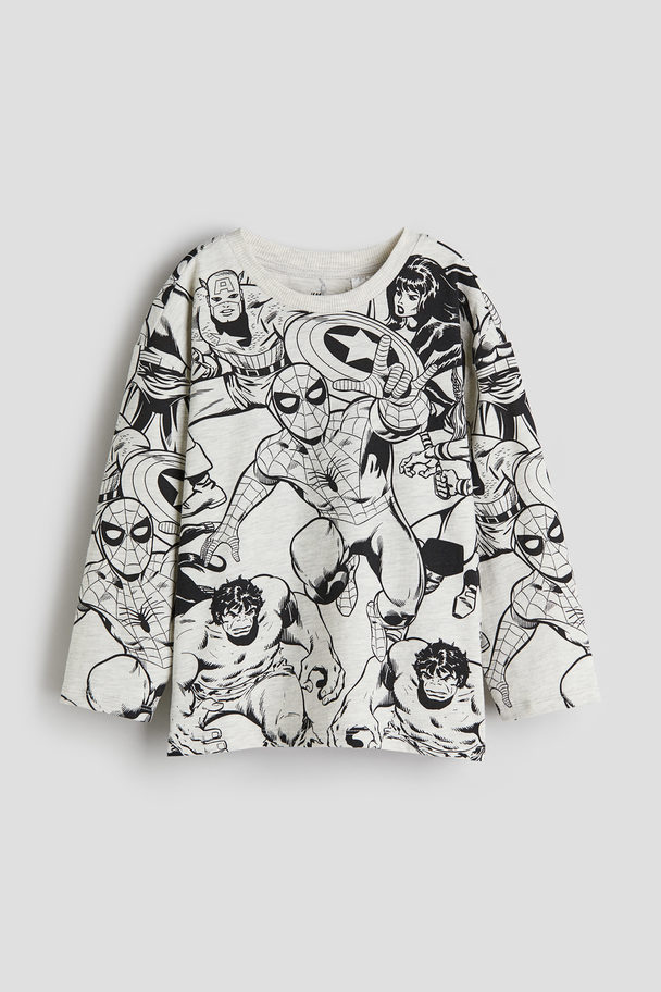 H&M Printed Long-sleeved T-shirt Light Grey Marl/marvel Comics