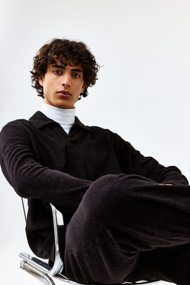 H&M Regular Fit Long-sleeved Polo Shirt Black