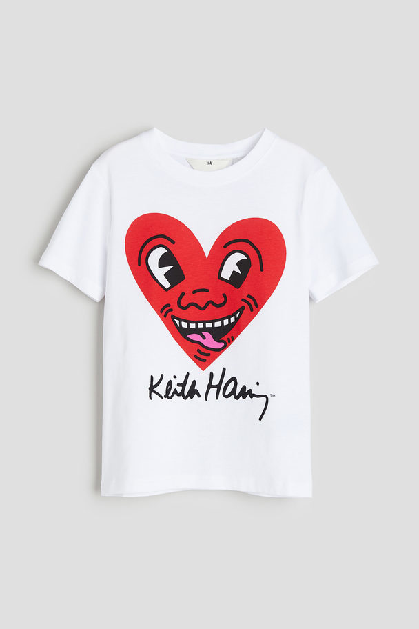 H&M T-shirt Med Tryk Hvid/keith Haring