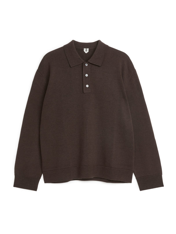 ARKET Long-sleeved Merino Polo Shirt Dark Mole