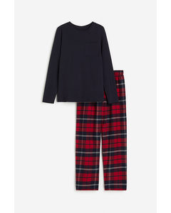 Katoenen Pyjama Donkerblauw/rood Geruit