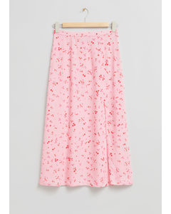 Side Slit Midi Skirt Pink Floral Print