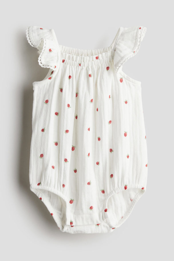 H&M Patterned Muslin Romper Suit White/strawberries