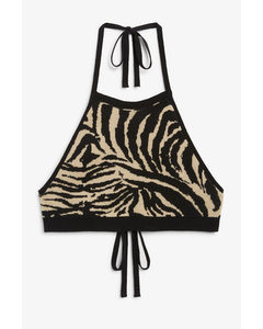 Tiger Print Knit Halterneck Top Beige With Tiger Print