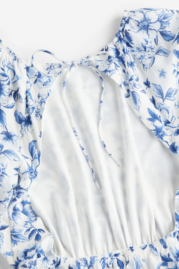 H&M Rückenfreies Kleid mit Ballonärmeln Blau/Geblümt