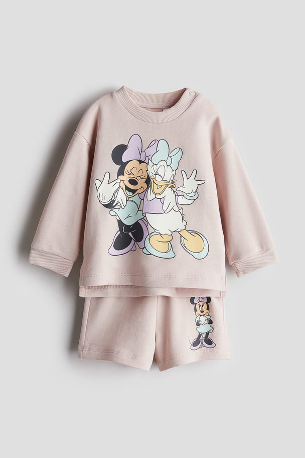 H&M 2-piece Printed Sweatshirt Set Light Dusty Pink/minnie Mouse