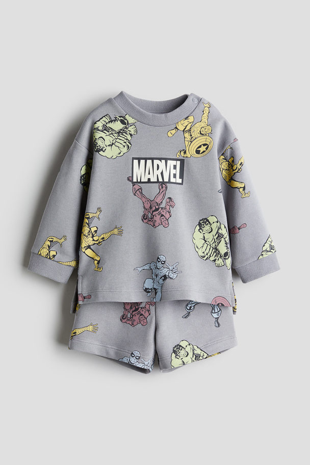 H&M 2-piece Printed Sweatshirt Set Light Grey/marvel