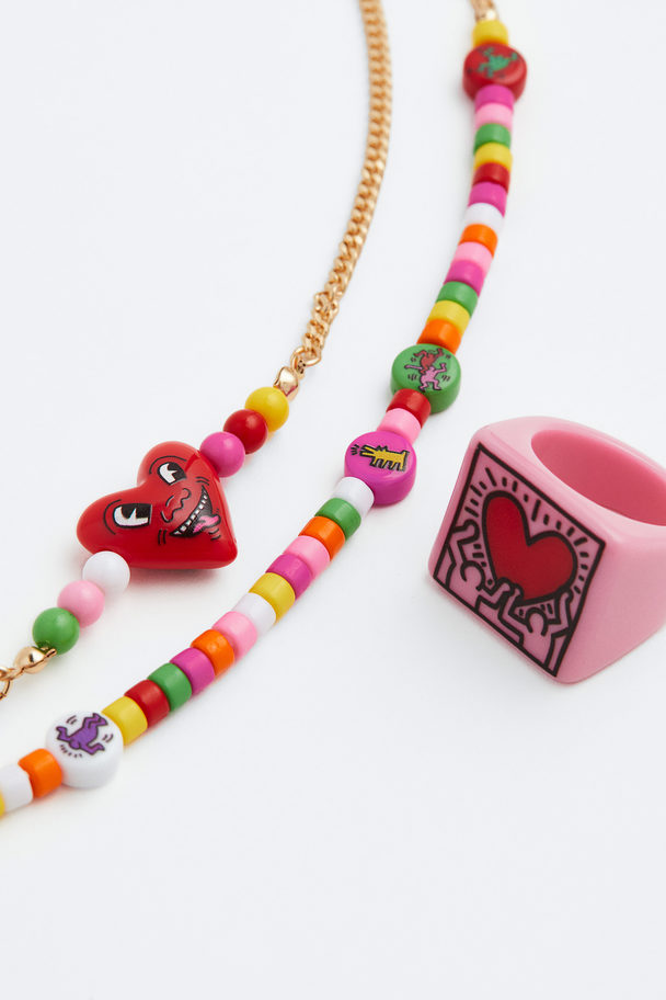 H&M Beaded Necklace And Ring Gold-coloured/keith Haring