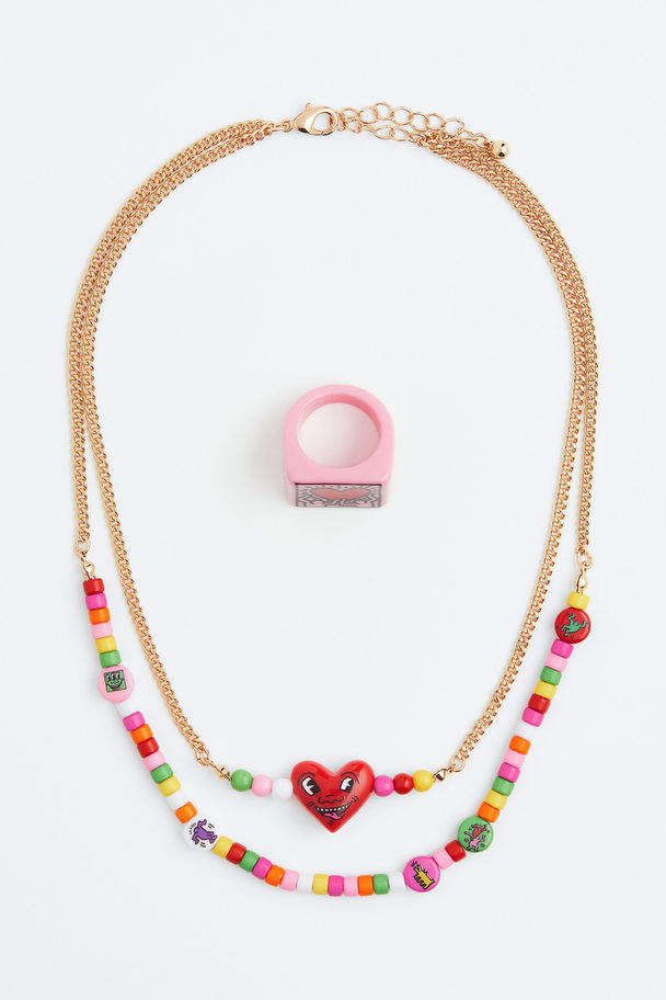 H&M Beaded Necklace And Ring Gold-coloured/keith Haring