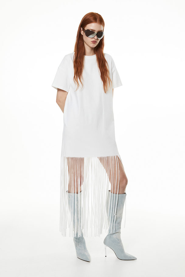 H&M T-shirtkjole Med Frynsekant Forneden Hvid