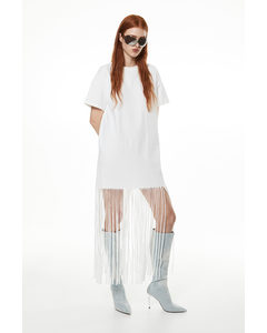 Fringe-trimmed T-shirt Dress White