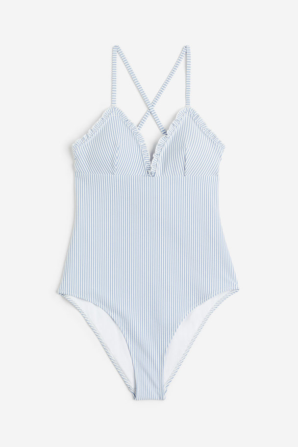 H&M Padded-cup Swimsuit Light Blue/white Striped