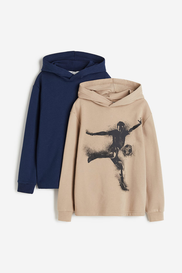 H&M Set Van 2 Capuchonsweaters Met Geprint Dessin Beige/donkerblauw