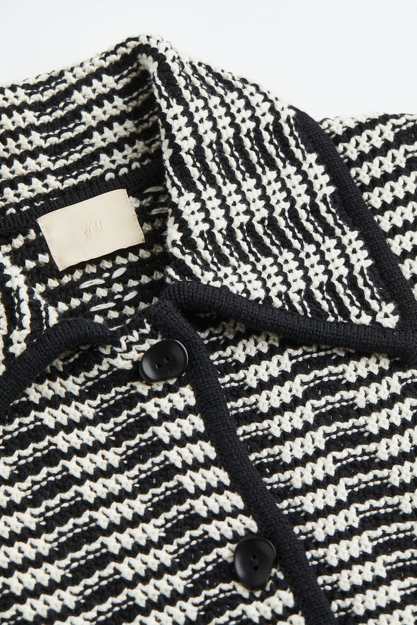 H&M Collared Textured-knit Cardigan Black/white