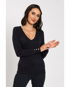 V-neck Sweater With Pearl Buttons On Sleeves