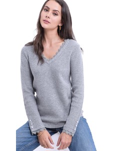 V-neck Sweater With English Lace And Buttons On Sleeves