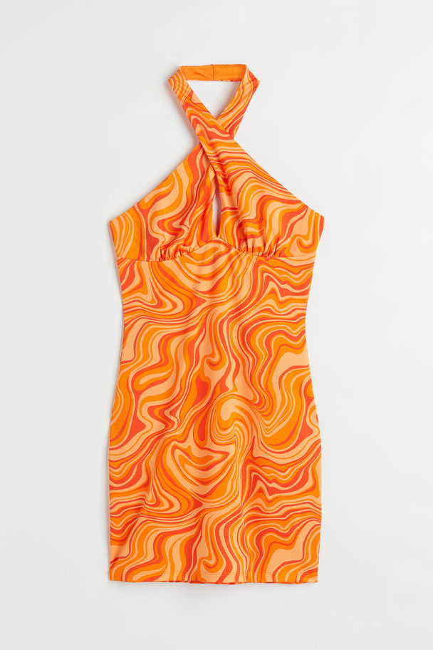 H&M Halterneck Jersey Dress Orange/patterned