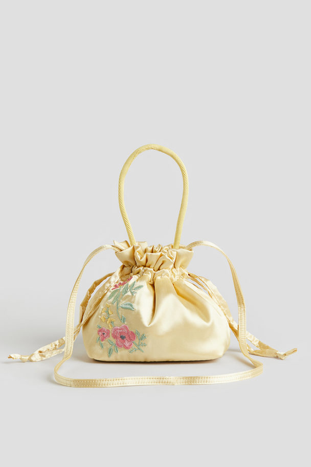 H&M Embroidered-motif Satin Bucket Bag Light Yellow/flowers