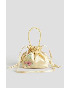 Embroidered-motif Satin Bucket Bag Light Yellow/flowers