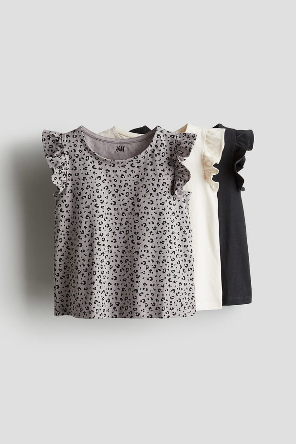 H&M 3-pack Flutter-sleeved Tops Grey/leopard Print