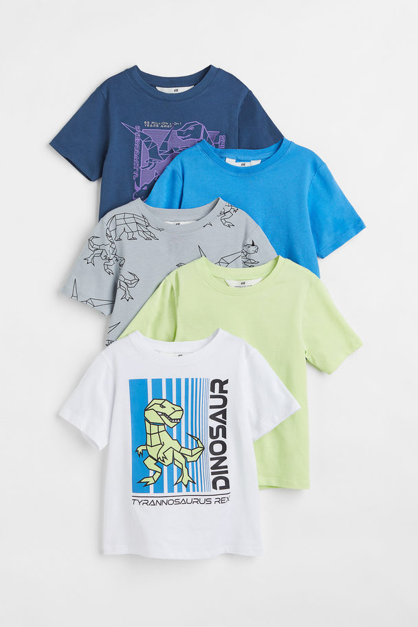 H&M Set Van 5 Katoenen Tricot T-shirts Wit/dinosaurussen