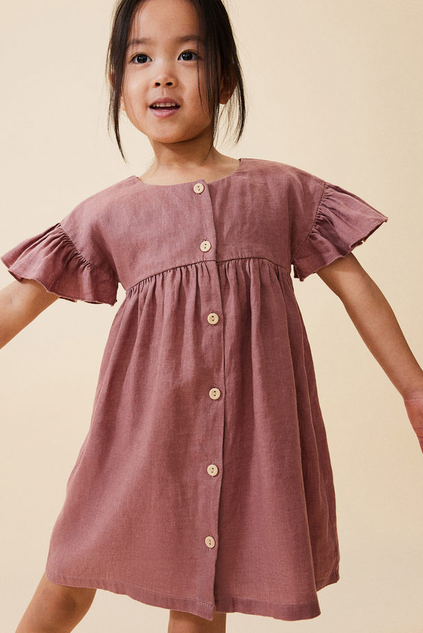 H&M Flutter-sleeved Linen Dress Dusty Pink