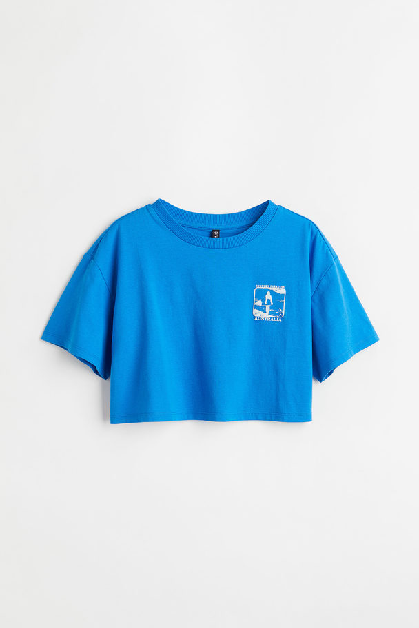 H&M Kurzes T-Shirt mit Print Knallblau/Surfer