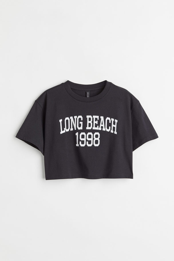 H&M Croppad T-shirt Med Tryck Svart/long Beach