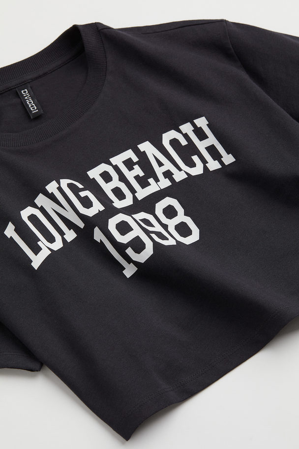 H&M Croppad T-shirt Med Tryck Svart/long Beach