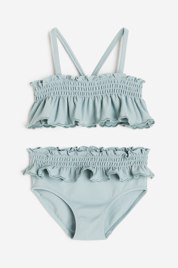 H&M Flounce-trimmed Smocked Bikini Light Turquoise