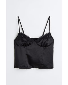 Lace-trimmed Satin Top Black