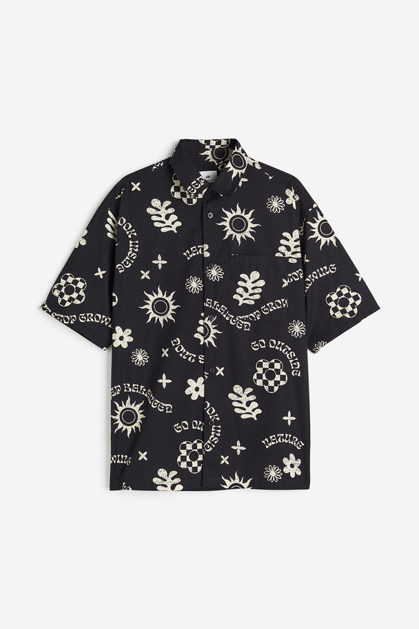 H&M Relaxed Fit Short-sleeved Cotton Shirt Black/patterned