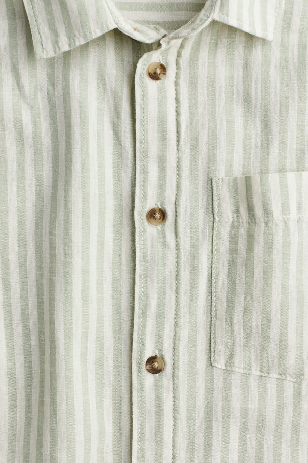 H&M Long-sleeved Linen-blend Shirt Light Green/striped