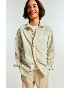Long-sleeved Linen-blend Shirt Light Green/striped