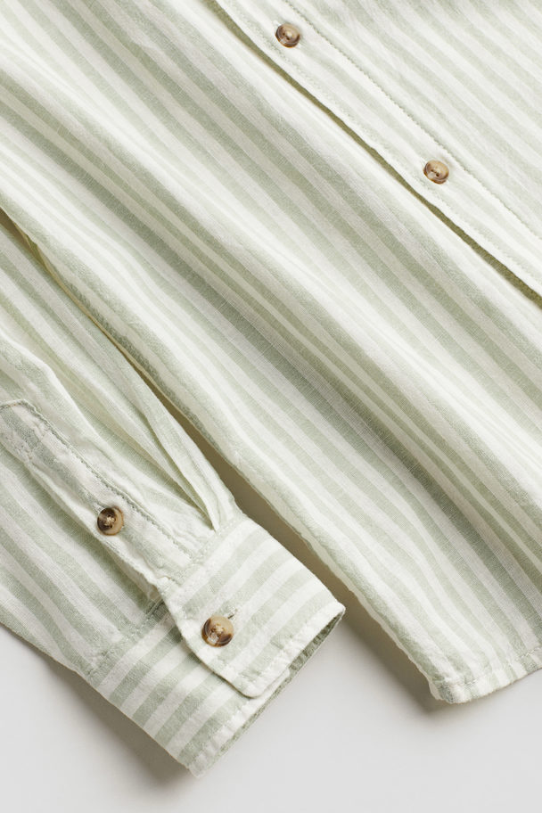 H&M Long-sleeved Linen-blend Shirt Light Green/striped