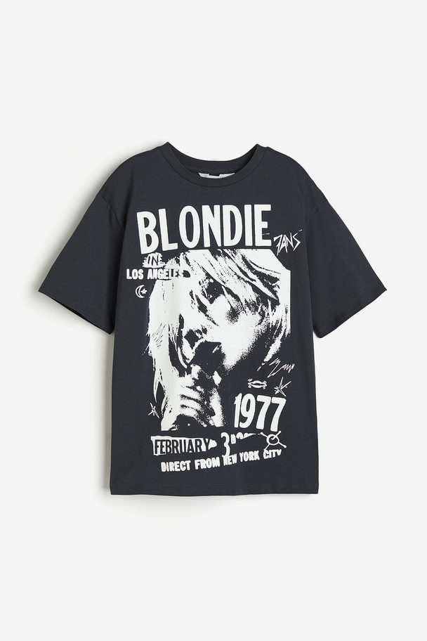 H&M Oversized T-shirt Med Trykk Mørk Grå/blondie