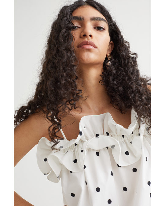 H&M Flounce-trimmed Dress White/black Spotted