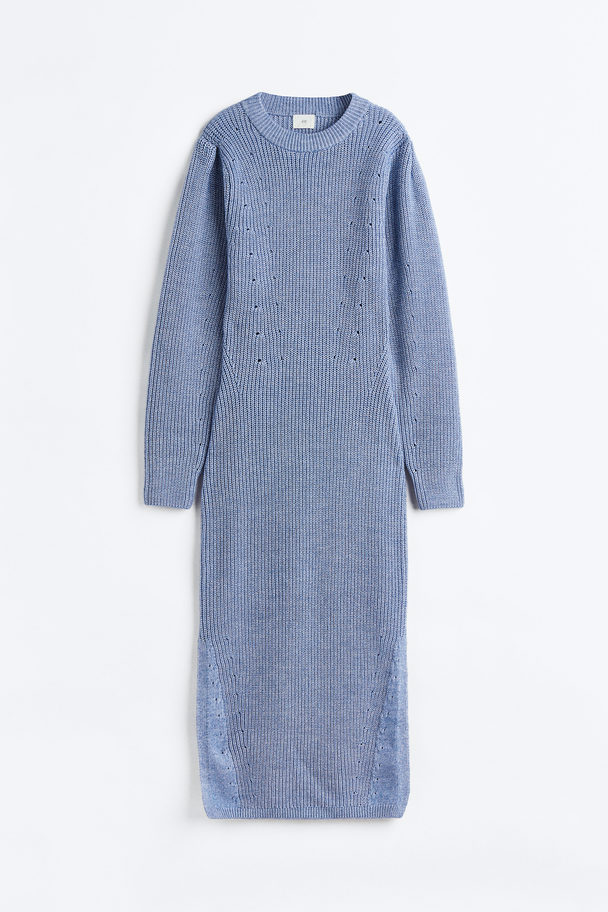 H&M Kleid aus Rippstrick mit Puffärmeln Blau