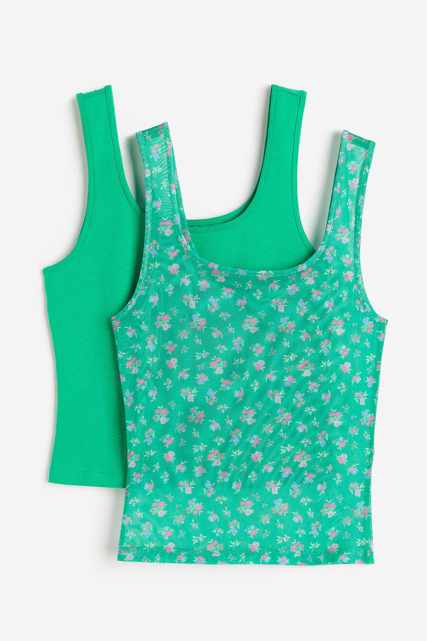 H&M 2-pack Lace-trimmed Pyjama Vest Tops Green/floral