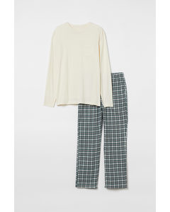 Pyjama Gebroken Wit/groen Geruit