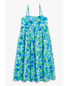 Tiered Sleeveless Midi Dress Blue & Green Flowers