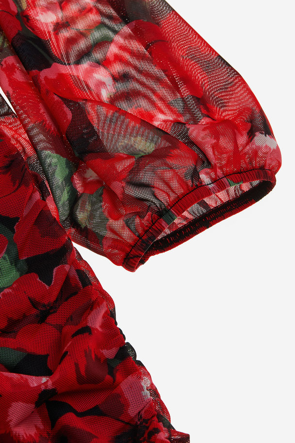 H&M Meshklänning Med Rynk Röd/blommig