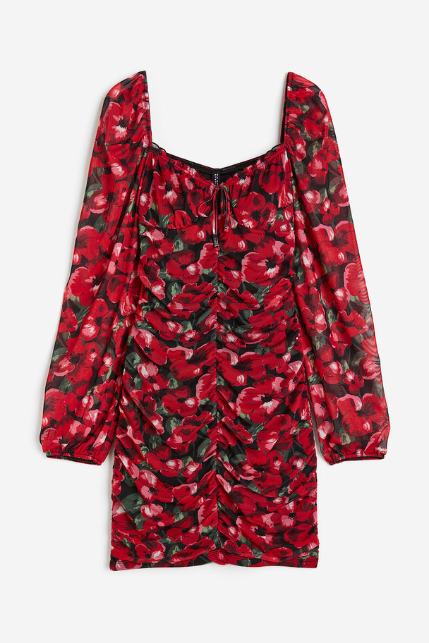 H&M Gathered Mesh Dress Red/floral