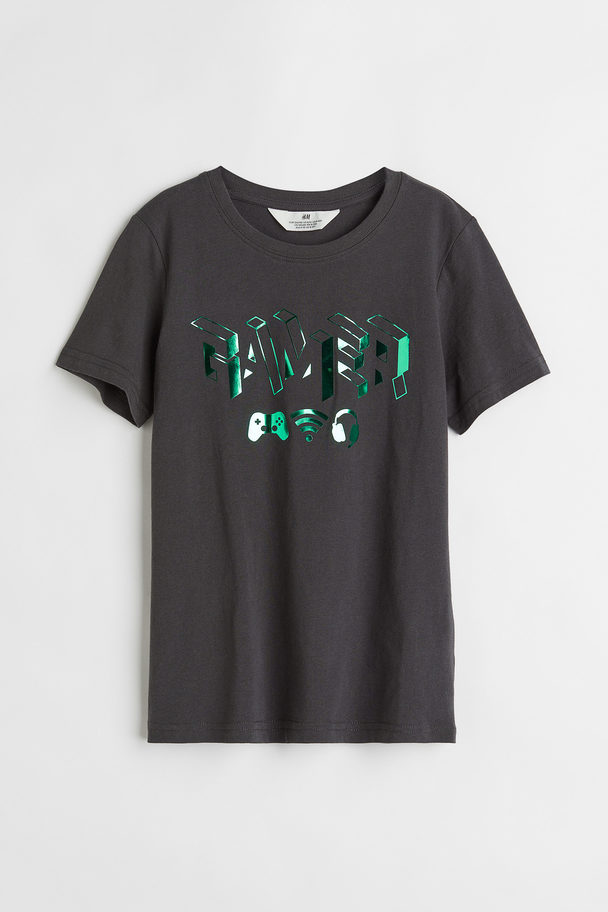 H&M T-shirt Met Metallic Print Zwart/gamer