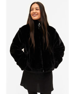 Schwarze Faux-fur-Jacke mit Stehkragen Schwarz