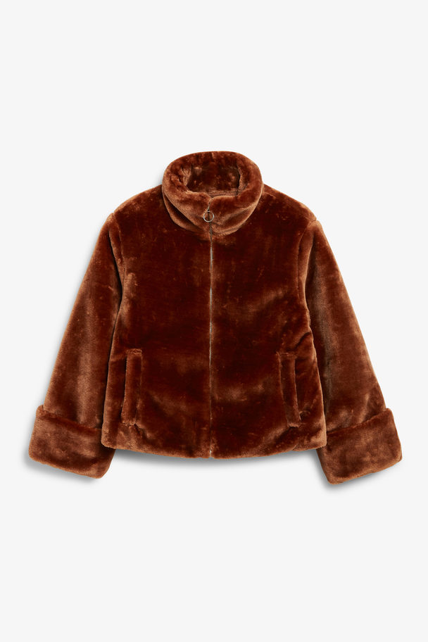 Monki Brown Faux Fur Jacket With Stand Collar Brown