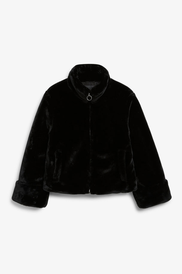 Monki Black Faux Fur Jacket With Stand Collar Black