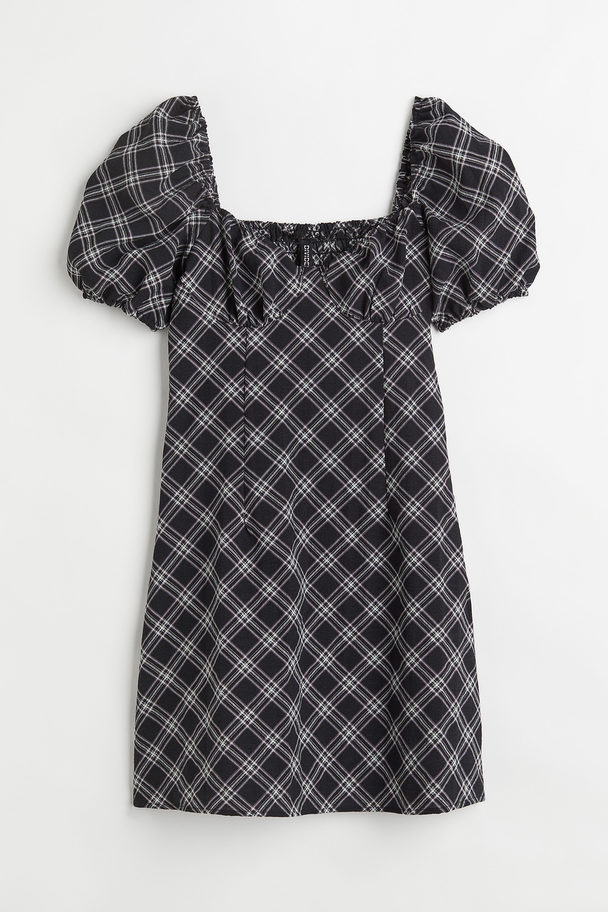 H&M Puff-sleeved Crêpe Dress Black/checked